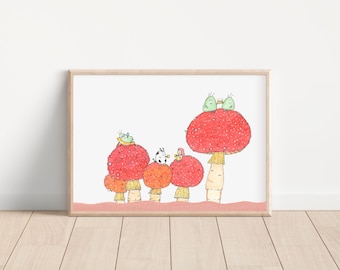 Mushroom afternoon tea Art Print/ fungi party / fly agaric/ watercolour/ illustration/ wall art/ home decor/ nursery room decor