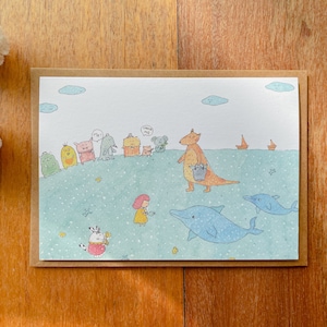 Biglietto di auguri per nutrire i delfini a Monkey Mia/Australia Occidentale/Viaggio con DimBao e divertiti/viaggio in Australia/illustrazione