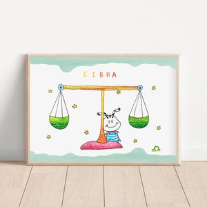 Bilancia/ segno zodiacale/ zodiaco/ equilibrio/ Zodiaco Dimbao/ Stampa d'arte/ acquerello/ illustrazione/ arte della parete/ arredamento per la casa/ arredamento della camera dei bambini