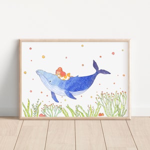 little girl sail with humpback whale/ whale watercolour painting/ wall art/ nursery room art/ home decor/ sail with you/ go on a journey