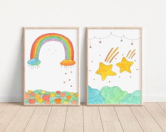 Set of 2 Nursery Print/ Rainbow love/ shooting stars/ dreamy whimsical home decor/  Art Print / watercolour wall art / Baby Shower Gift