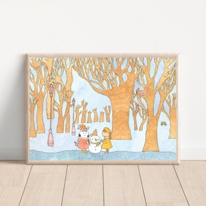 Build a Snowman / Travel/Adventure/ Winter/ Snowy/ Art Print/watercolor/home decor/Wall art/Nursery room art