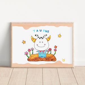Toro/ segno zodiacale/ zodiaco/ Zodiaco Dimbao/ Stampa d'arte/ acquerello/ illustrazione/ arte della parete/ arredamento per la casa/ arredamento della camera dei bambini