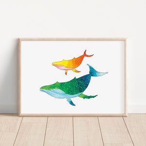 humpback whale/ Joyful Couple Whales Print/ watercolour /whale /colourful whale /wall art/ home decor/  nursery room art whale wall decor