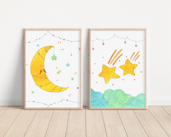 Set of 2 Nursery Print/ shooting stars/ Mr. moon light/ dreamy whimsical home decor/ Art Print / watercolour wall art / Baby Shower Gift
