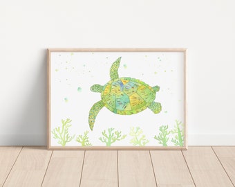 Green sea turtle art print/ ocean animal/ marine life animal/ nursery room decor/  art print/ watercolor/ home decor/