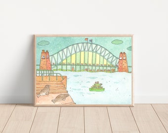 Sydney Harbour Bridge and Benny/ seals/ Travel/Adventure/  Australia landmark/ Art Print/watercolor / home decor/Wall art/Nursery room art