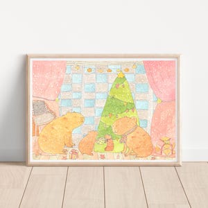 Capybara Christmas Family Time / Cozy Capybara /  watercolour / illustration/ wall art