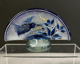Vintage Blown Art Glass Napkin Holder Hand Painted Folk Art Bird Design