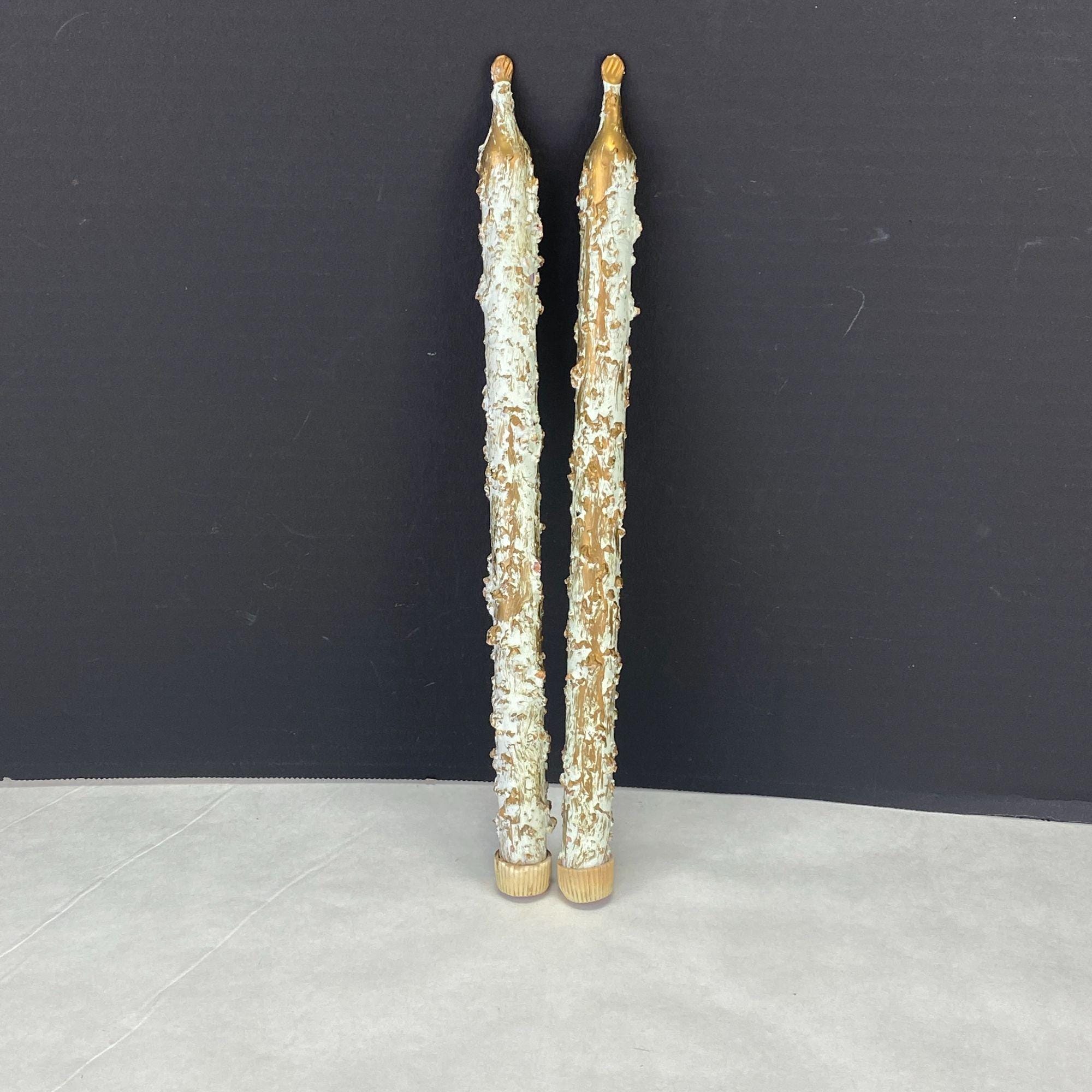 Vintage Pair Faux Melting Taper Candles Painted Gold Blue Green