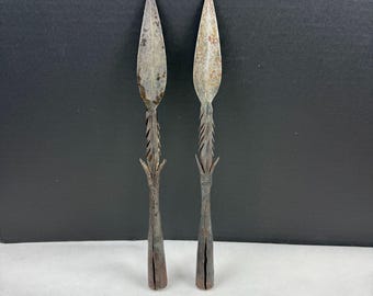 Vintage African Tribal Forged Barbed Fishing Hunting Spear Set of 2