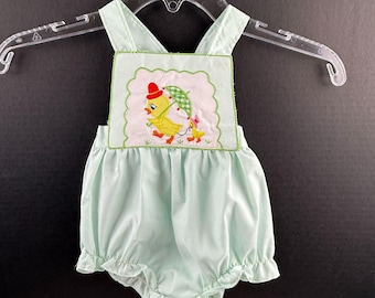 Vintage Little Set Green Baby Romper With Duck Embroidery & Bib Overall NWT