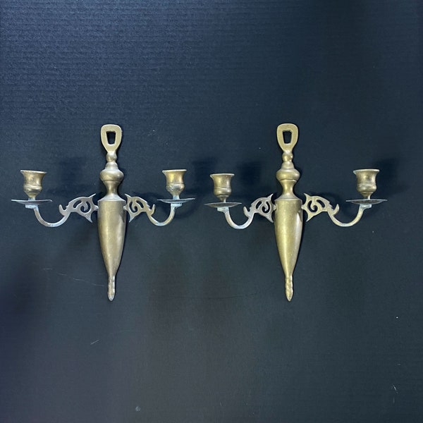 Vintage Brass 2 Candle Candelabra Wall Sconce Set of 2