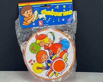 Pandereta vintage para niños de los años 90, nueva, de stock antiguo, nueva en paquete.