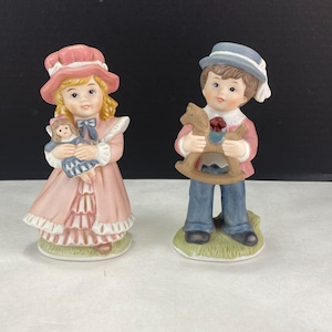 Vintage Homco 1419 Boy Girl Figurines Holding Horse and Doll