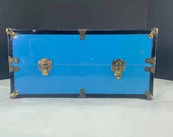 Vintage Metal Doll Case Steamer Trunk Chest Blue
