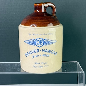 Vintage 1977 Quiet Birdmen QB Denver Hangar Stoneware Jug Aviation Memorabilia