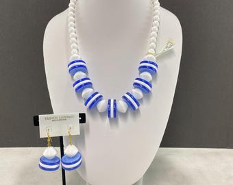 Vintage 90s Necklace and Earrings Set Blue White Disc Beads NOS