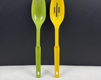 Vintage Lustro Ware Green Serving and Yellow Slotted Spoons
