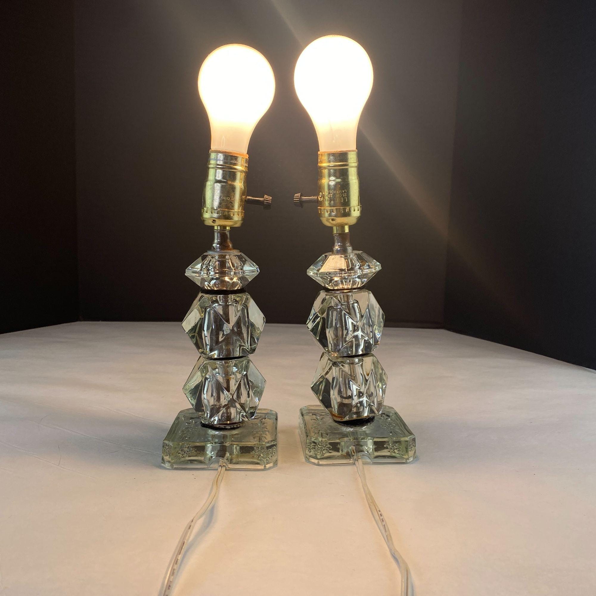 Vintage Art Deco Stacked Glass Boudoir Table Lamps Set of 2