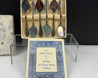 Vintage Sheffield Rivelin Silver Plate Ice Cream Spoon Set Of 6 In Original Box