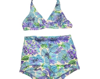 ヴィンテージ シレナ ブルー パープル 花柄 ツーピース水着 サイズ10 修理が必要 現状渡し