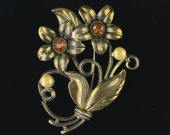 Vintage Little Nemo Flower Rhinestone Faux Pearl Brooch Pin