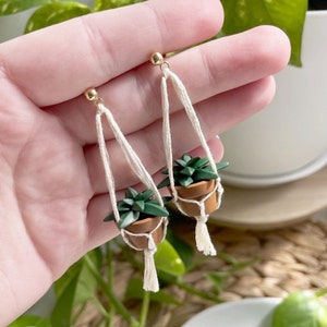Hand holding a pair of dangling earrings that are miniature potted plants hanging from macramé. Earring posts are gold. Macramé color is natural/off white. Pot and plant are made of polymer clay. The Pot is terracotta and the plant is green aloe.