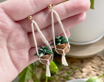 Miniature Macramé Plant Earrings - Clay Earrings - Succulent Earrings - Garden Earrings - Hanging Plant Earrings - Gift For Her