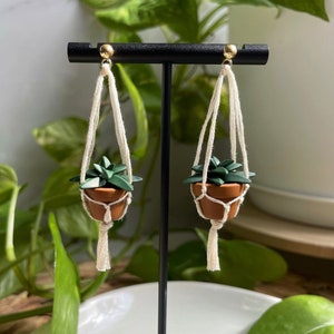 May include: A pair of gold earrings with a macrame hanging planter design. Each earring features a small brown pot with a green succulent plant.
