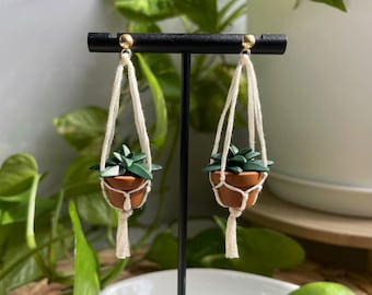 Miniature Macramé Plant Earrings - Clay Earrings - Succulent Earrings - Garden Earrings - Hanging Plant Earrings - Gift For Her
