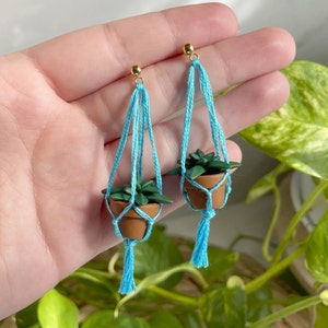 Hand holding a pair of dangling earrings that are miniature potted plants hanging from macramé. Earring posts are gold. Macramé color is aqua. Pot and plant are made of polymer clay. The Pot is terracotta and the plant is green aloe.