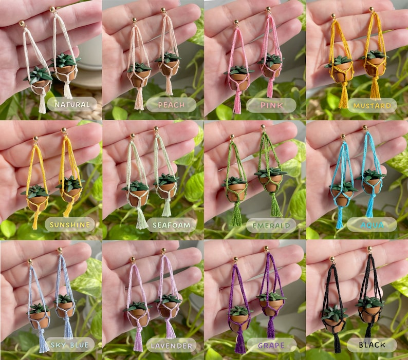 A grid of 12 images displaying the different colors of macramé offered. The colors from top left to bottom right are: natural, peach, pink, mustard, sunshine yellow, seafoam green, emerald, aqua, sky blue, lavender purple, grape purple, and black.