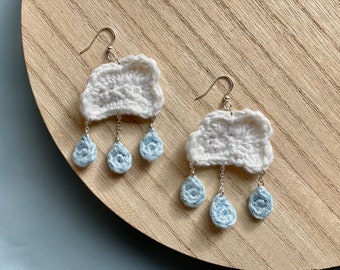 CROCHET PATTERN: Raincloud earrings - Rainy Day Cloud Earrings - Cloud Earrings - Crochet Earrings - Raindrop Jewelry