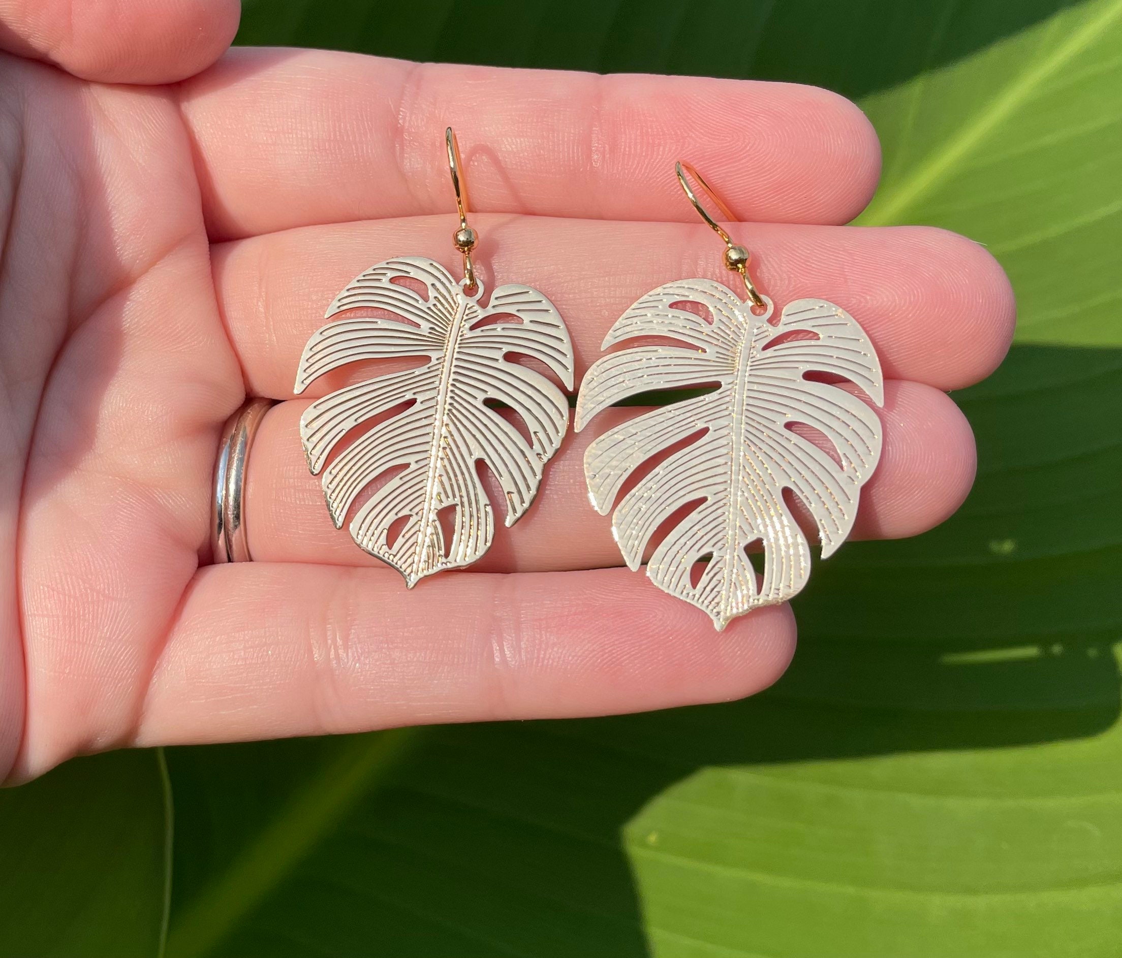 Monstera Leaf Earrings - Plant Earrings - Monstera Earrings - Garden Earrings - Plant Mom - Gold Plant Earrings - Statement Earrings