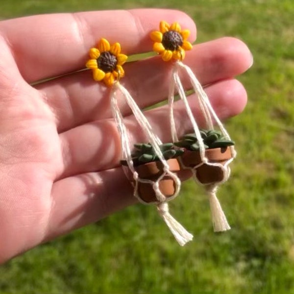 Sunflower Miniature Macramé Plant Earrings - Clay Earrings - Succulent Earrings - Sunflower Earrings - Hanging Plant Earrings - Gift For Her