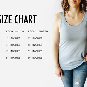 May include: Size chart for a tank top with measurements in inches. The chart shows the body width and body length for sizes S, M, L, and XL.