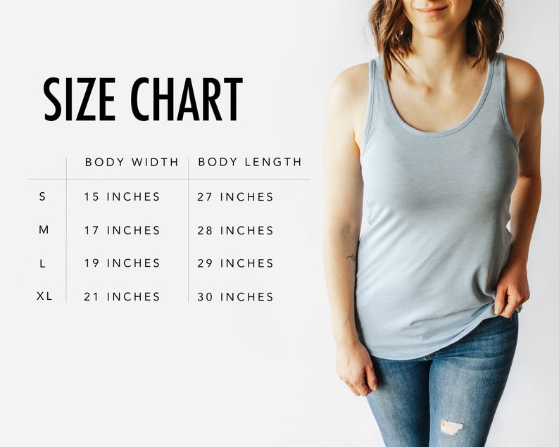May include: Size chart for a tank top with measurements in inches. The chart shows the body width and body length for sizes S, M, L, and XL.
