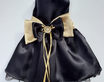 Dog Christmas Black/Gold Satin Dress, Pet Black Christmas Dress, Black Dog/Gold Wedding Dress, Photo Shoot Xmas Dogs Dress, Black Bday Dress