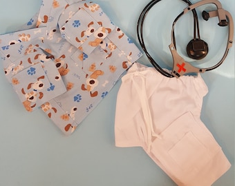 Dog Boy Print Nurse Scrubs Costume, Boy Dog Print Nurse Scrubs Uniform, Puppy Boy Print Nurse Scrubs Costume, Boy Pet Print Nurse Scrubs