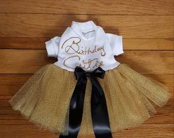 Dog Birthday Girl Dress, Dog Dress Birthday " Cutie" Gold/ Glitter, Birthday Cutie Dog Girl Outfit, Pet Birthday Girl Outfit, Sparkle Gold