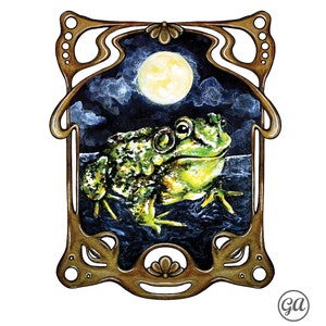 Moonlit Frog Giclée Print– Full Moon Toad Art, Signed Wildlife Painting, Witchy Decor, Art Nouveau Wall Art, Dark Academia Nature Painting