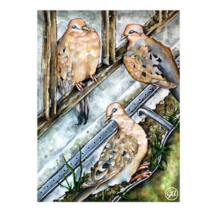 The Mourning Doves Giclée Print – Watercolor Bird Art, Signed Cottagecore Decor, Rustic Wall Poster, Serene Urban Wildlife Painting Present