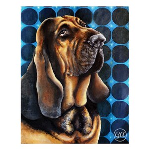 Impresión Giclée de un sabueso: póster artístico firmado, retrato de mascota, decoración de pared, pintura con patrón retro de los años 70, obra de arte vintage moderna, regalo para amantes de los perros.
