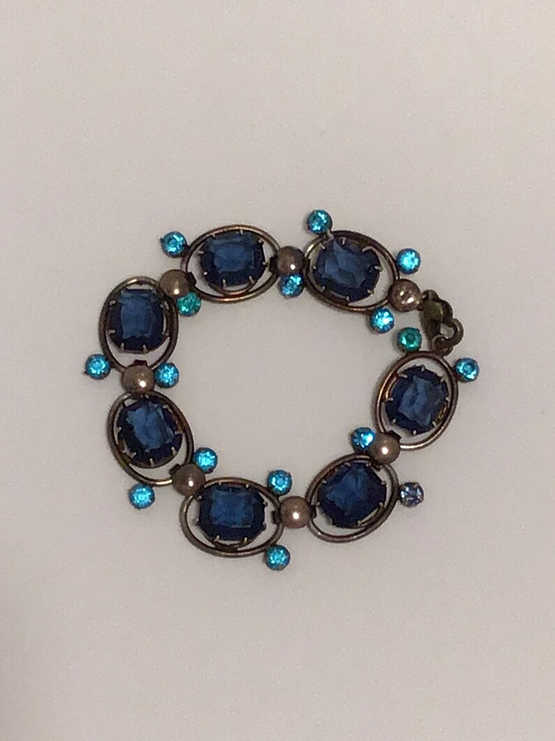 Sapphire Blue Vintage Rhinestone Link Bracelet Marked Sterling