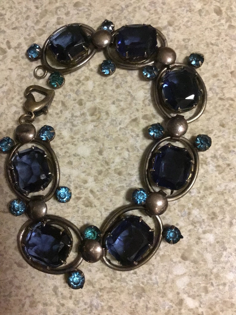 Sapphire Blue Vintage Rhinestone Link Bracelet Marked Sterling