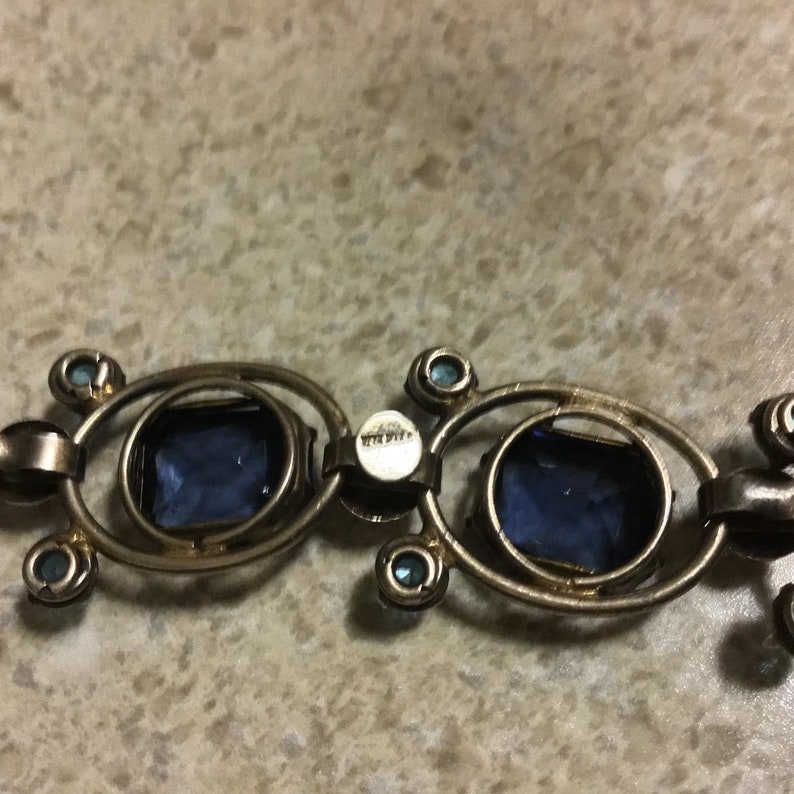 Sapphire Blue Vintage Rhinestone Link Bracelet Marked Sterling