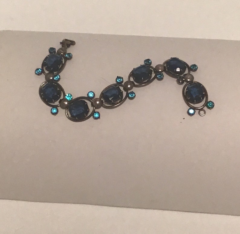 Sapphire Blue Vintage Rhinestone Link Bracelet Marked Sterling