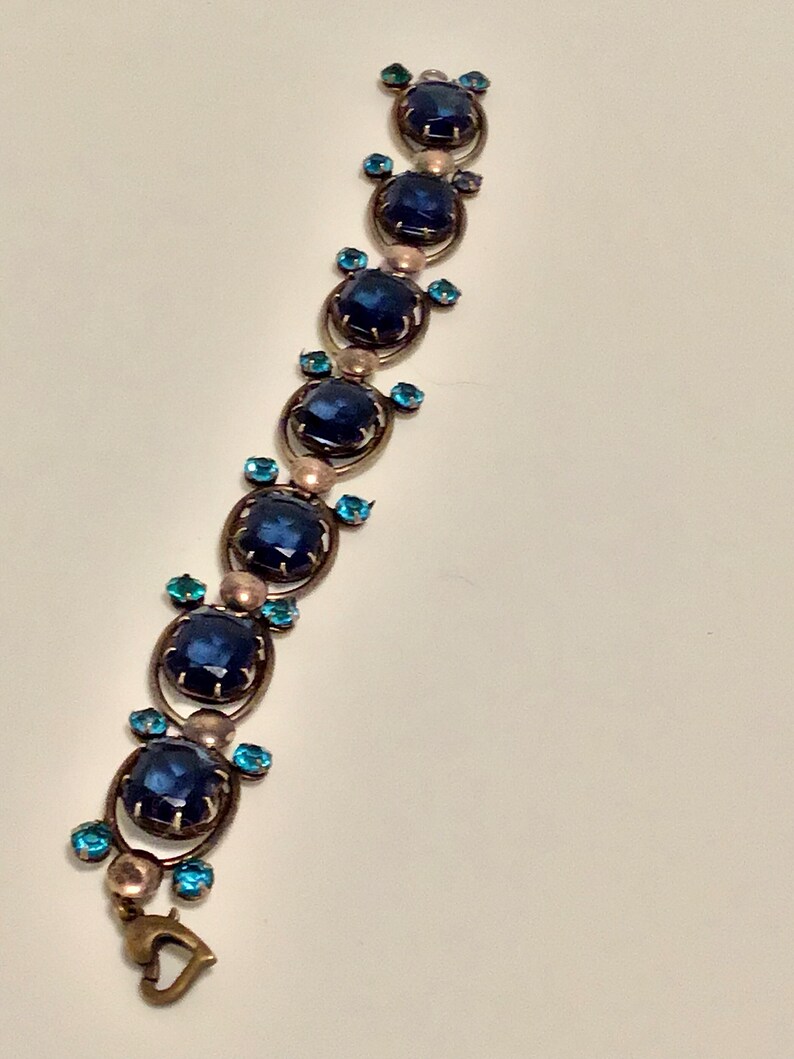 Sapphire Blue Vintage Rhinestone Link Bracelet Marked Sterling