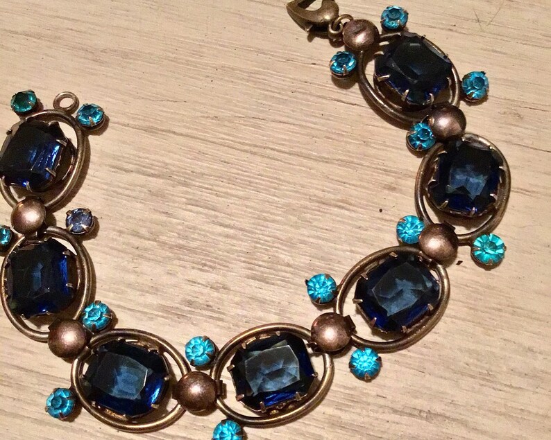 Sapphire Blue Vintage Rhinestone Link Bracelet Marked Sterling